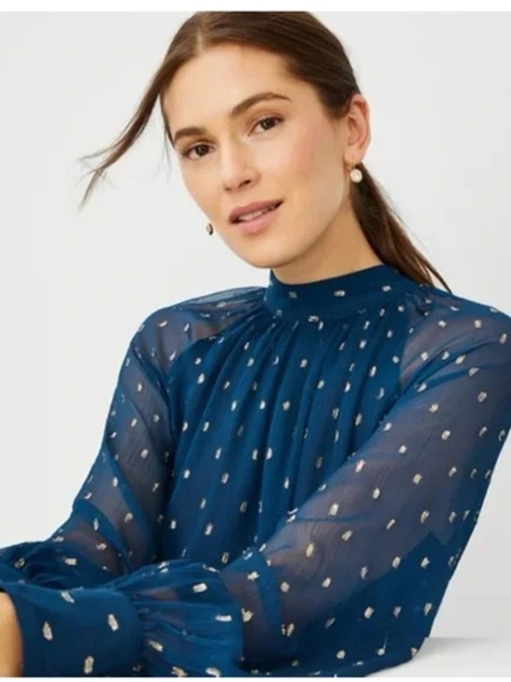 NWT Ann Taylor Navy Sheer Metallic Dot High Neck Blouse